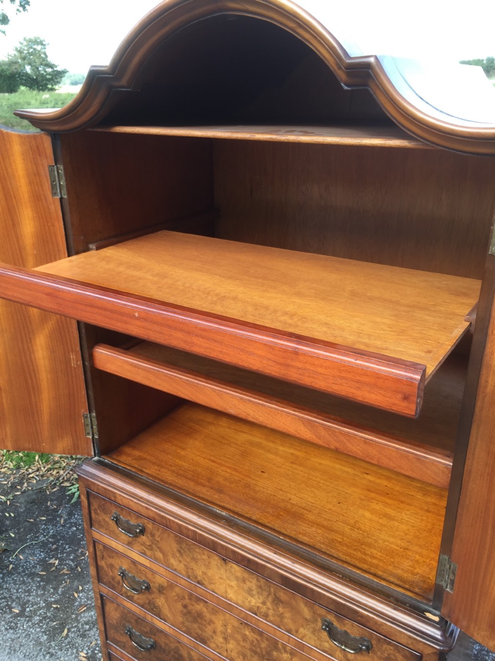 Burr walnut dome topped cupboard over drawers circa 1920 of small proportions  View VIII