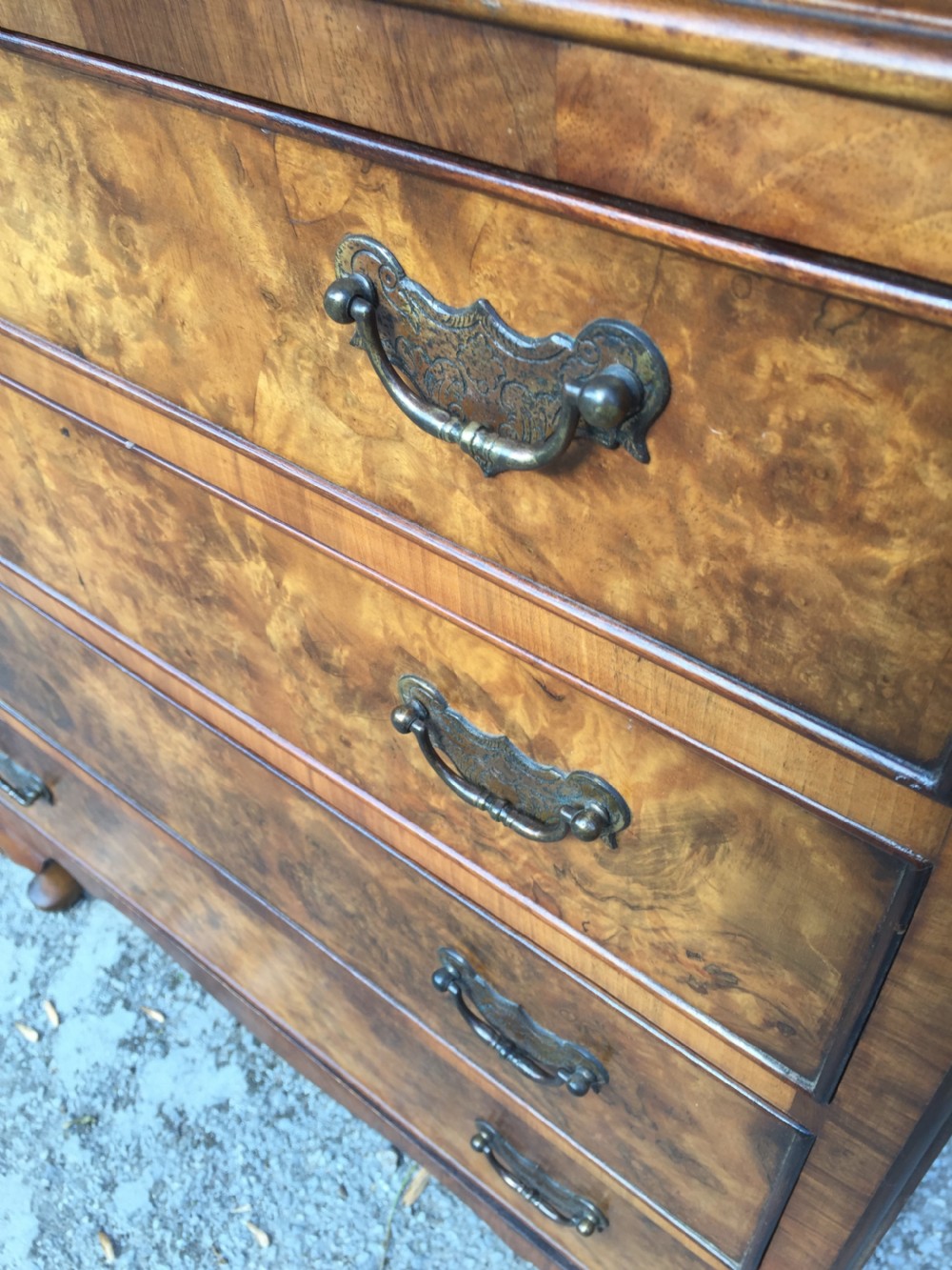 Burr walnut dome topped cupboard over drawers circa 1920 of small proportions  View IX