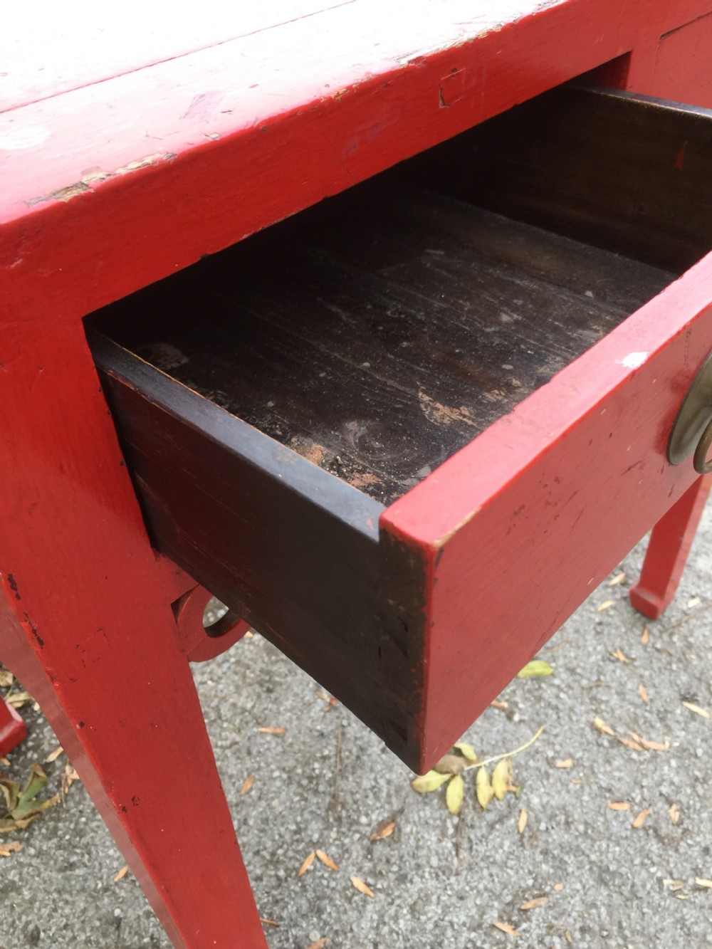 Antique red Chinese lacquer two drawer table circa 1920 View III
