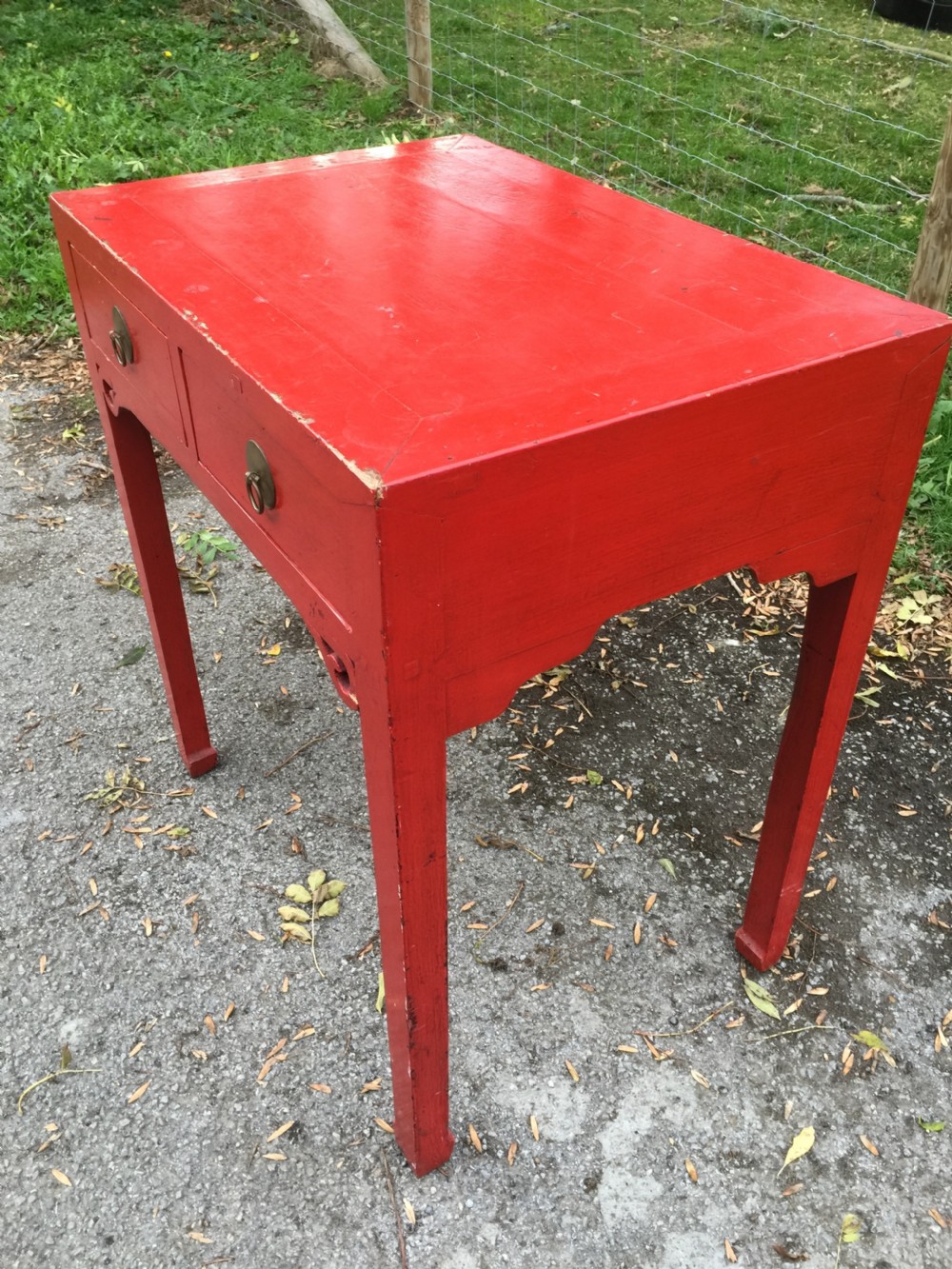 Antique red Chinese lacquer two drawer table circa 1920 View IV