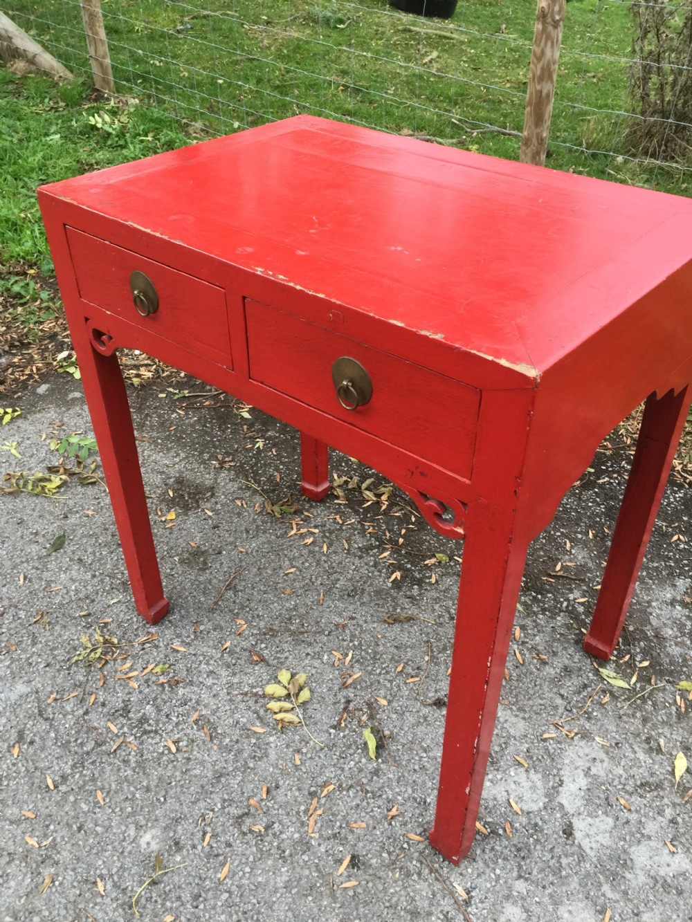 Antique red Chinese lacquer two drawer table circa 1920 View V