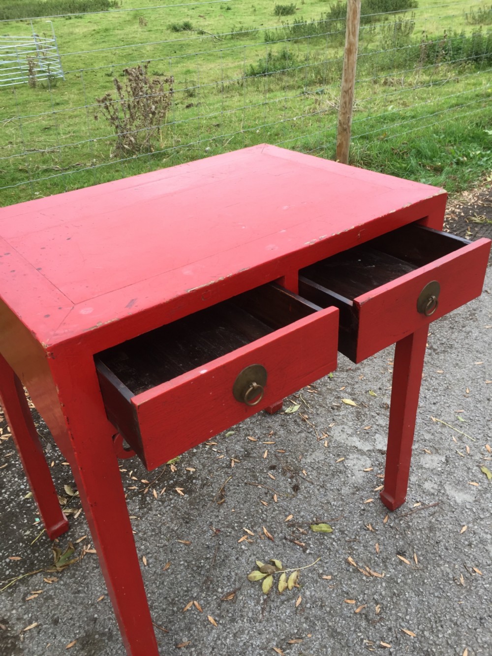 Antique red Chinese lacquer two drawer table circa 1920 View IX