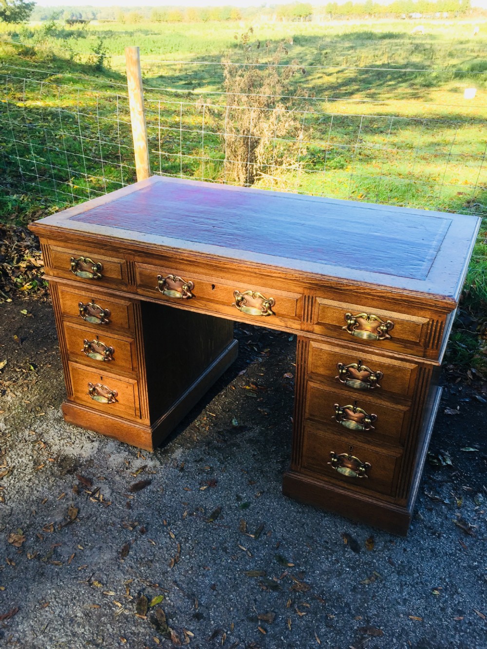 Arts and Crafts solid oak twin Pedestal desk possibly Liberty and co 