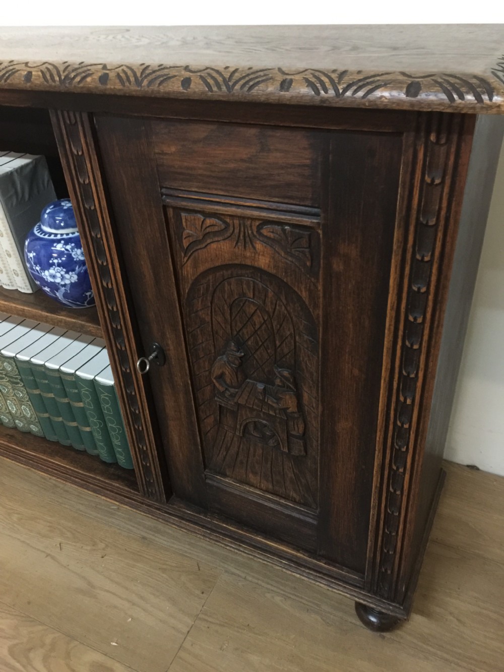 Arts and Crafts solid oak carved open bookcase View II