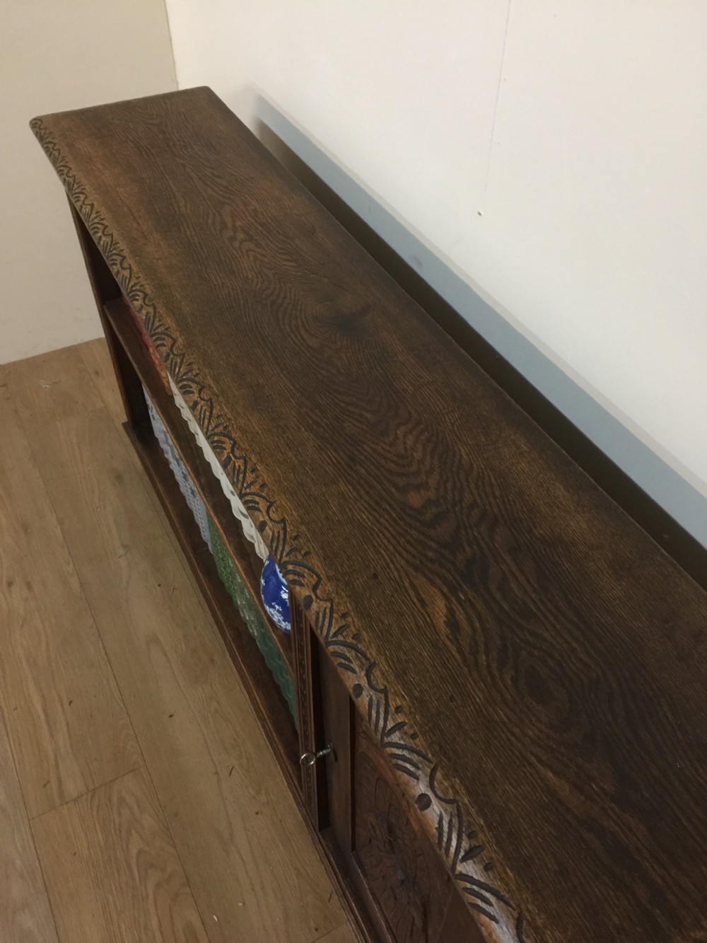 Arts and Crafts solid oak carved open bookcase View III