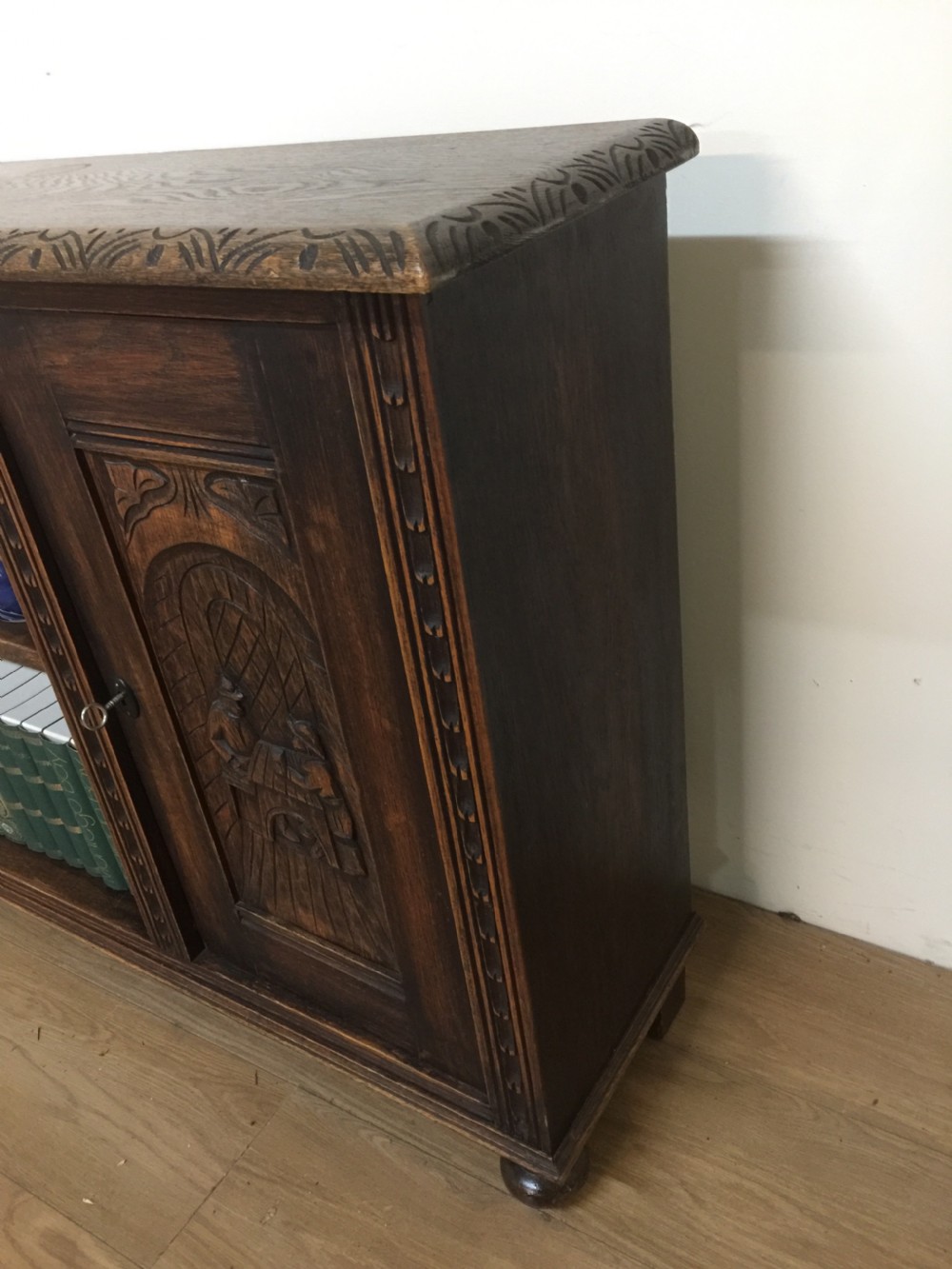 Arts and Crafts solid oak carved open bookcase View IV