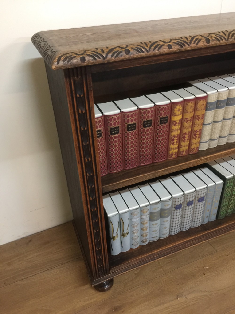 Arts and Crafts solid oak carved open bookcase View V