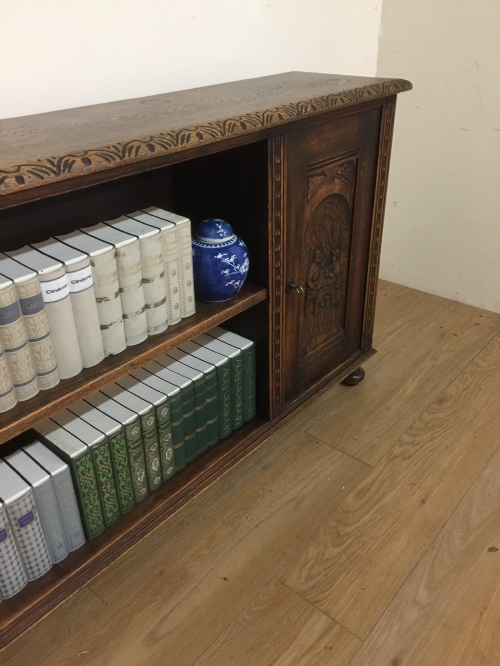 Arts and Crafts solid oak carved open bookcase View VI