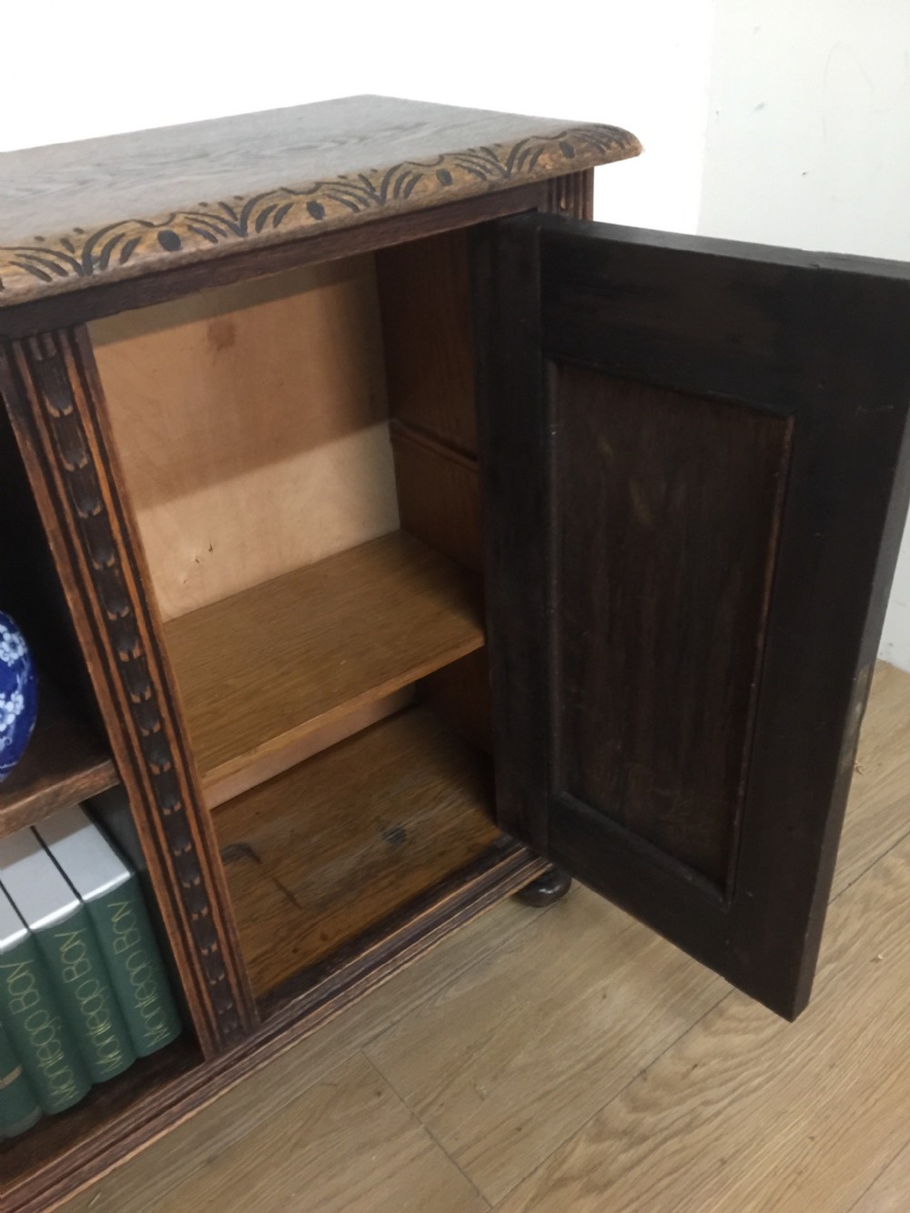 Arts and Crafts solid oak carved open bookcase View VII