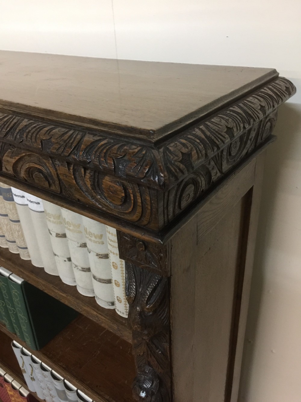 Nineteenth century carved oak open bookshelves with adjustable shelves  View III