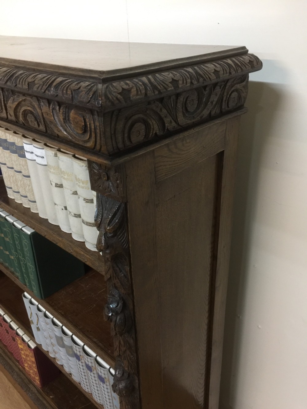Nineteenth century carved oak open bookshelves with adjustable shelves  View IV
