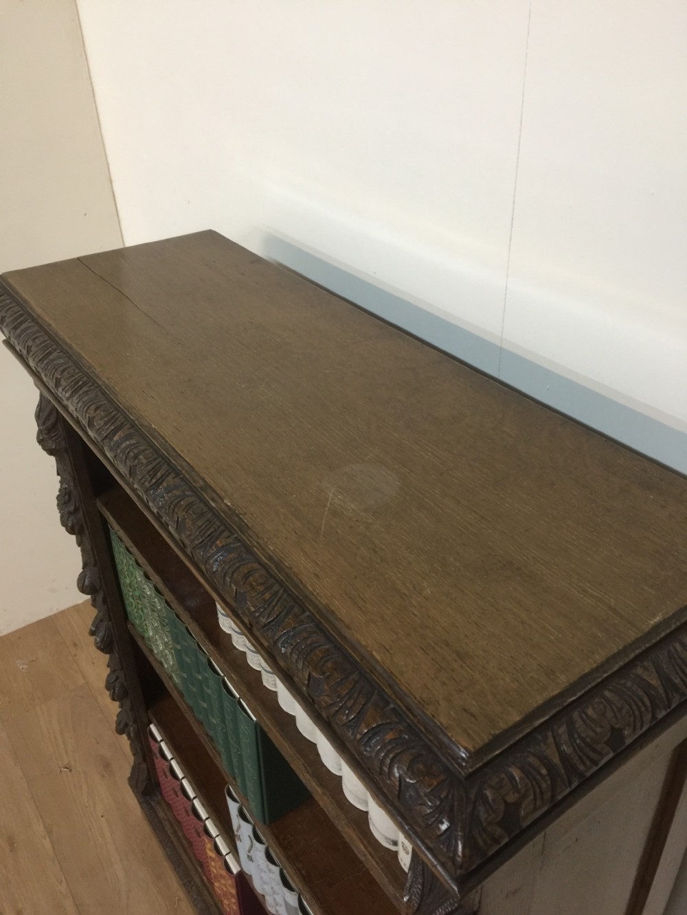 Nineteenth century carved oak open bookshelves with adjustable shelves  View V