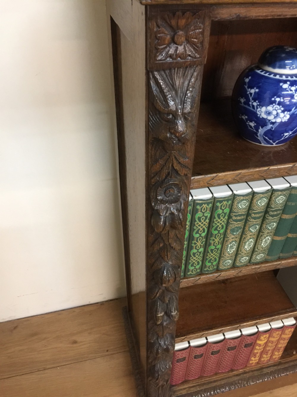 Nineteenth century carved oak open bookshelves with adjustable shelves  View VI