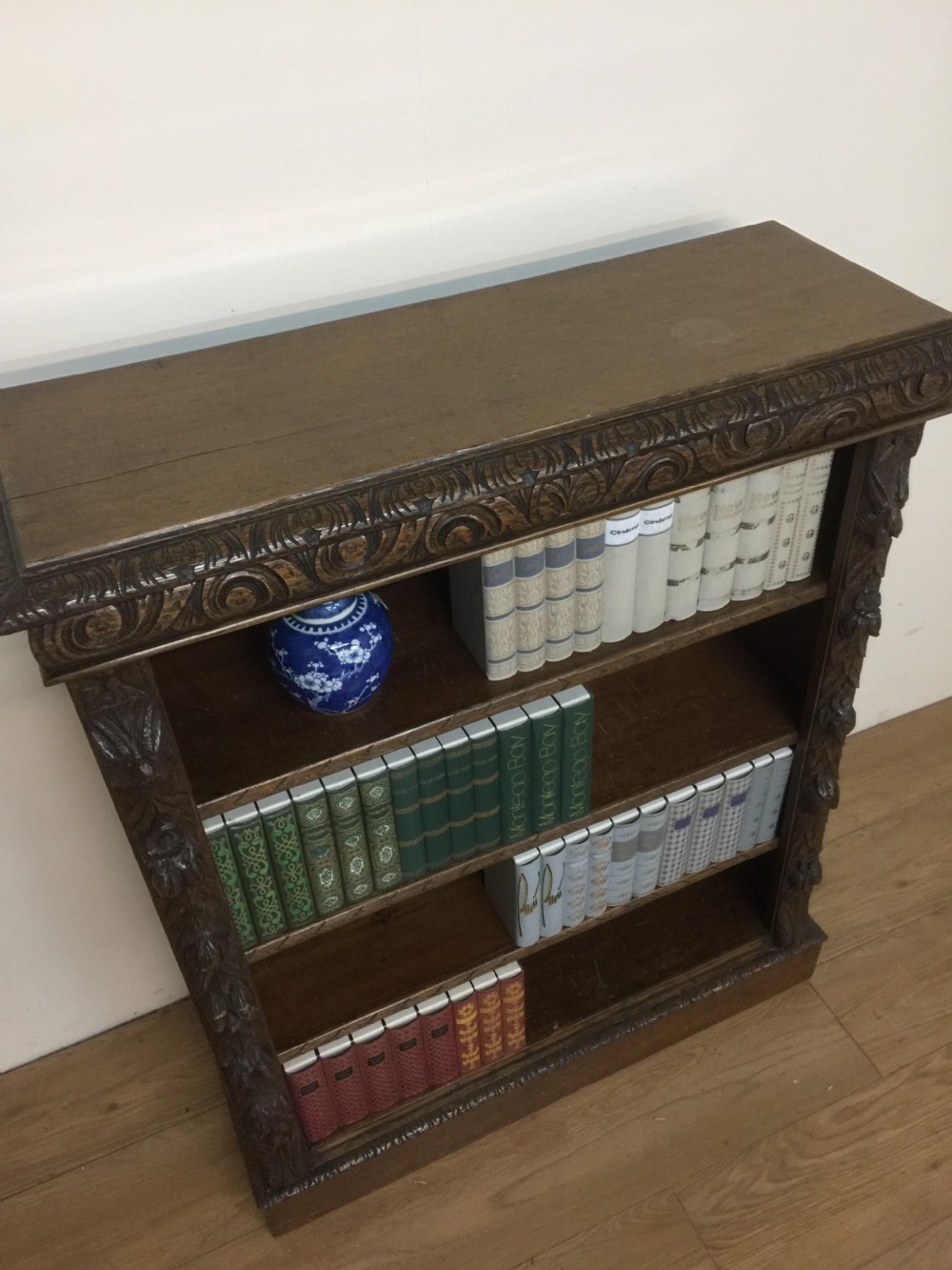 Nineteenth century carved oak open bookshelves with adjustable shelves  View IX