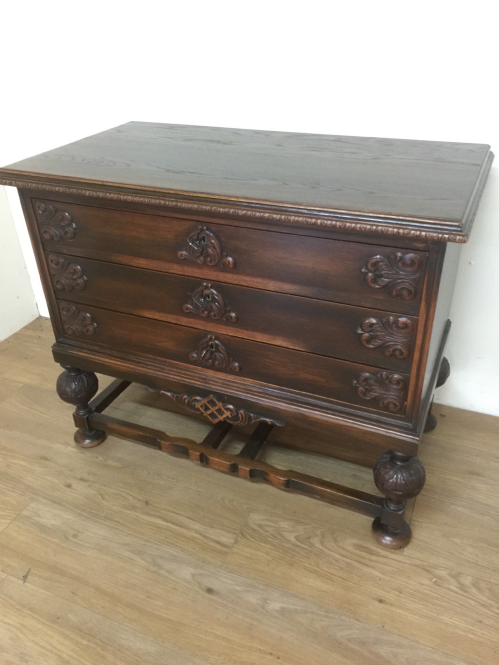Late nineteenth century Jacobean style three height chest of drawers 