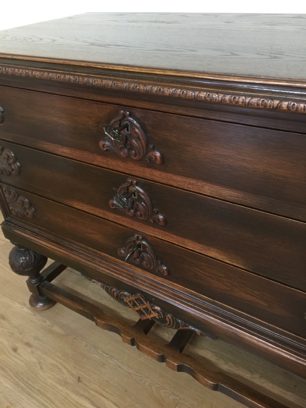 Late nineteenth century Jacobean style three height chest of drawers  View II