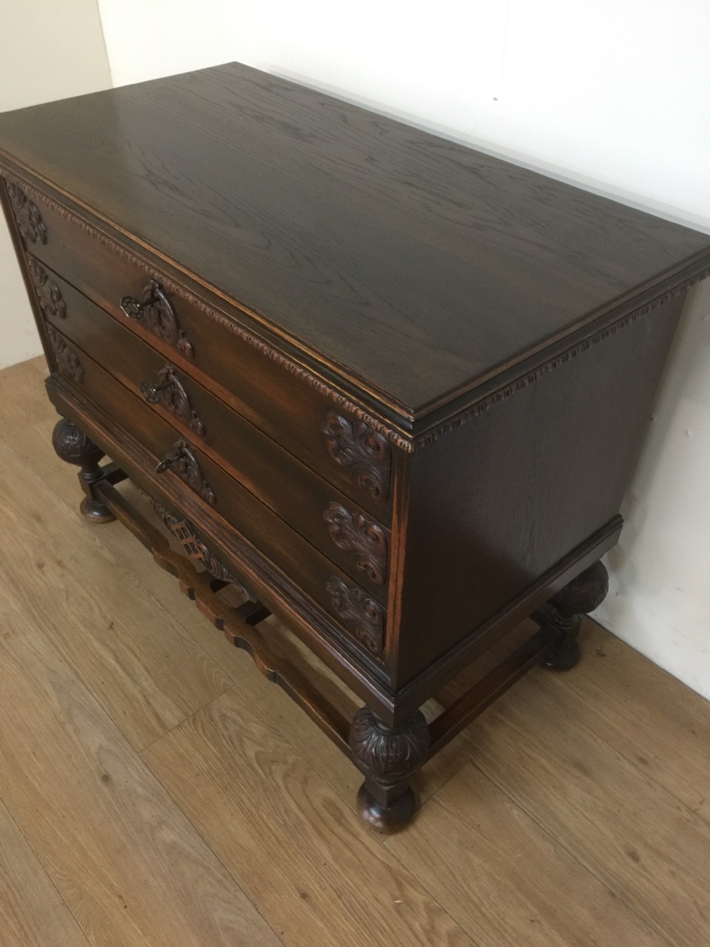 Late nineteenth century Jacobean style three height chest of drawers  View IV