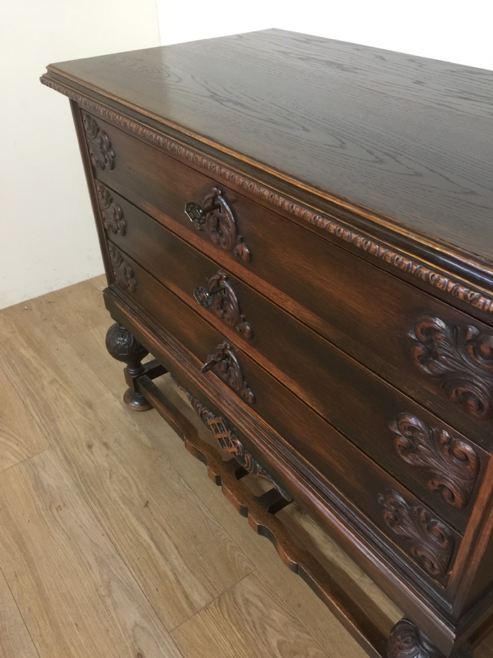 Late nineteenth century Jacobean style three height chest of drawers  View V