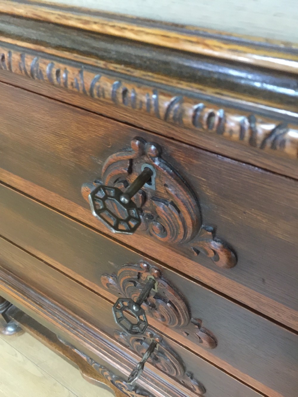 Late nineteenth century Jacobean style three height chest of drawers  View VI