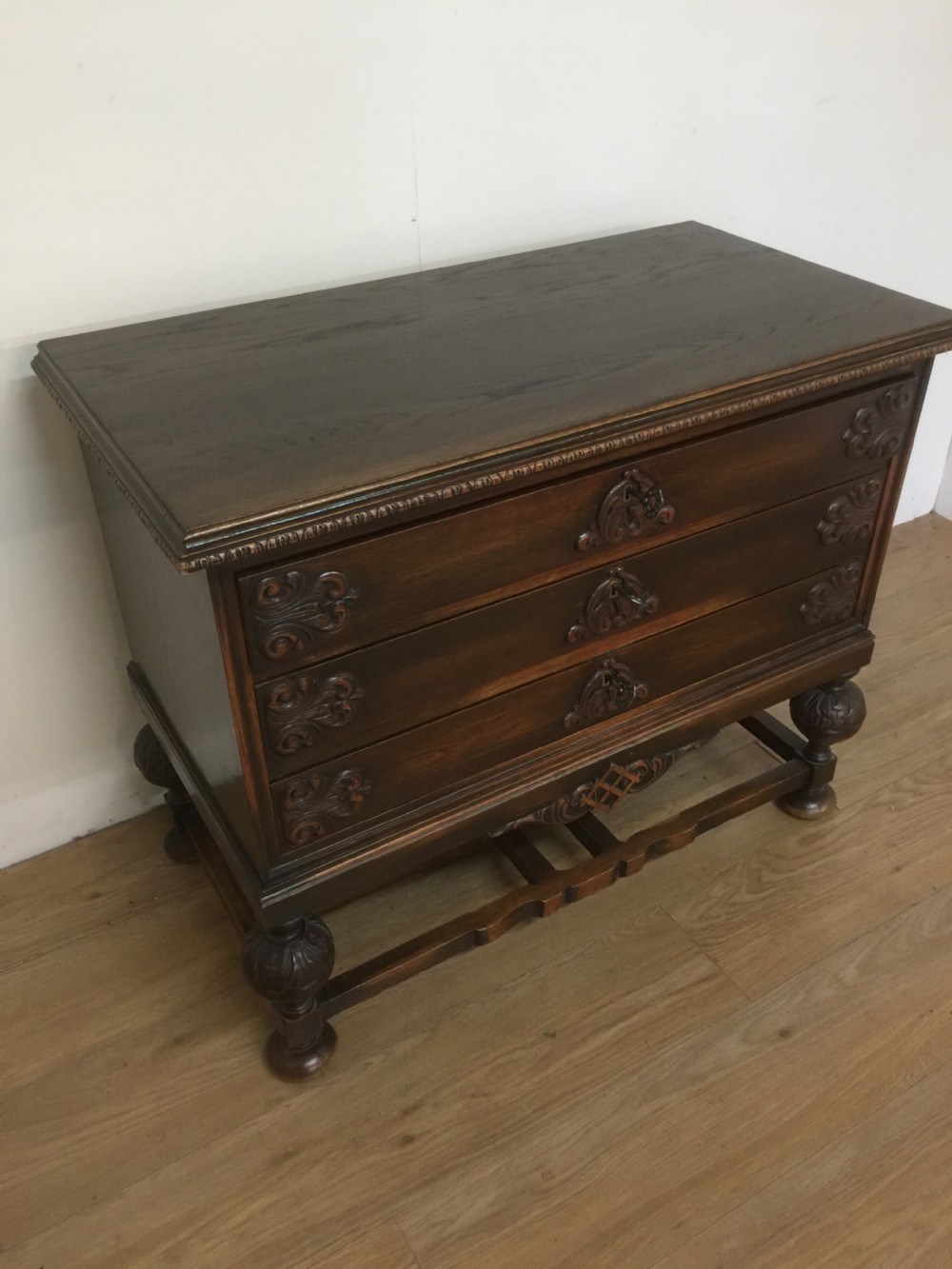 Late nineteenth century Jacobean style three height chest of drawers  View X