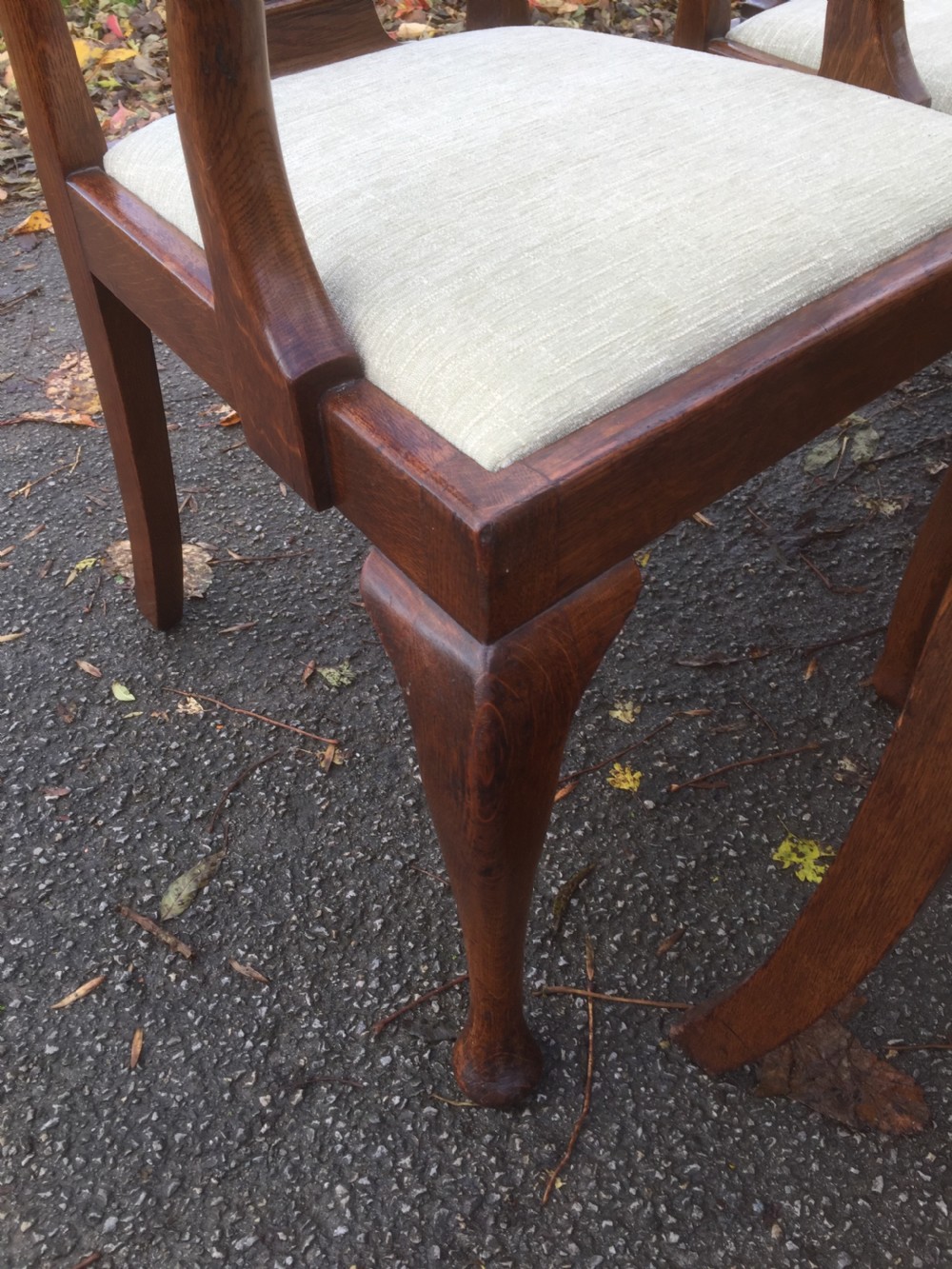 Eight Edwardian solid oak Queen Anne style dining chairs  View VIII