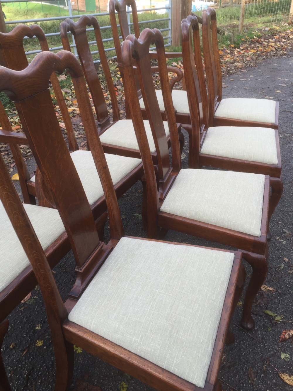 Eight Edwardian solid oak Queen Anne style dining chairs  View IX