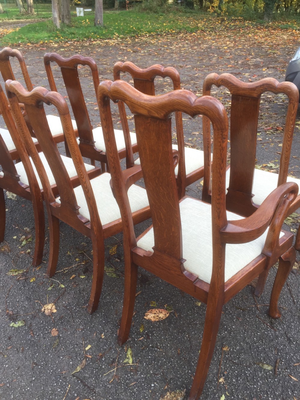 Eight Edwardian solid oak Queen Anne style dining chairs  View X