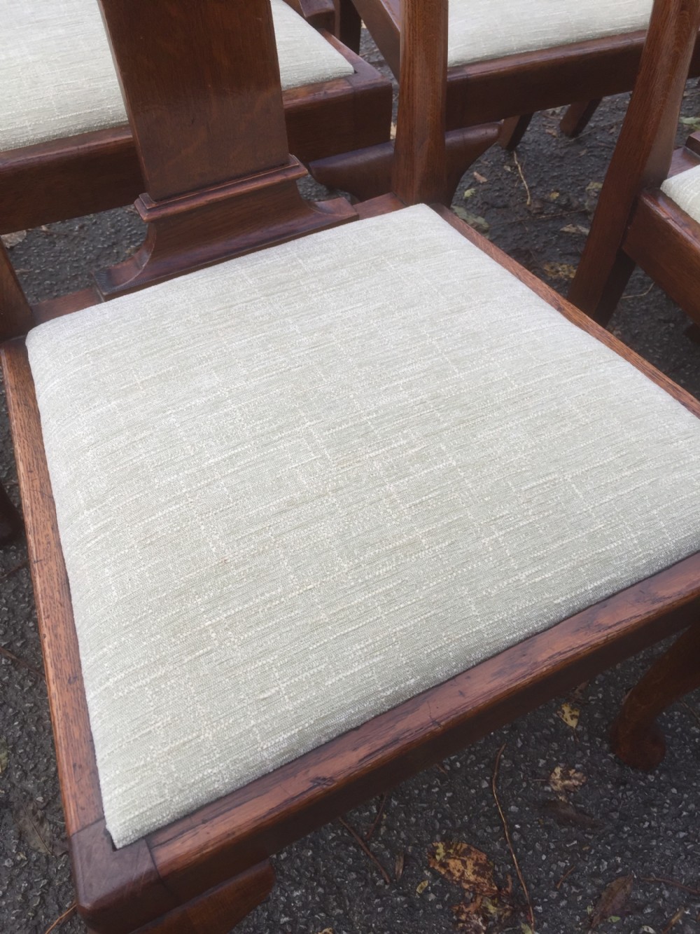 Eight Edwardian solid oak Queen Anne style dining chairs  View XII