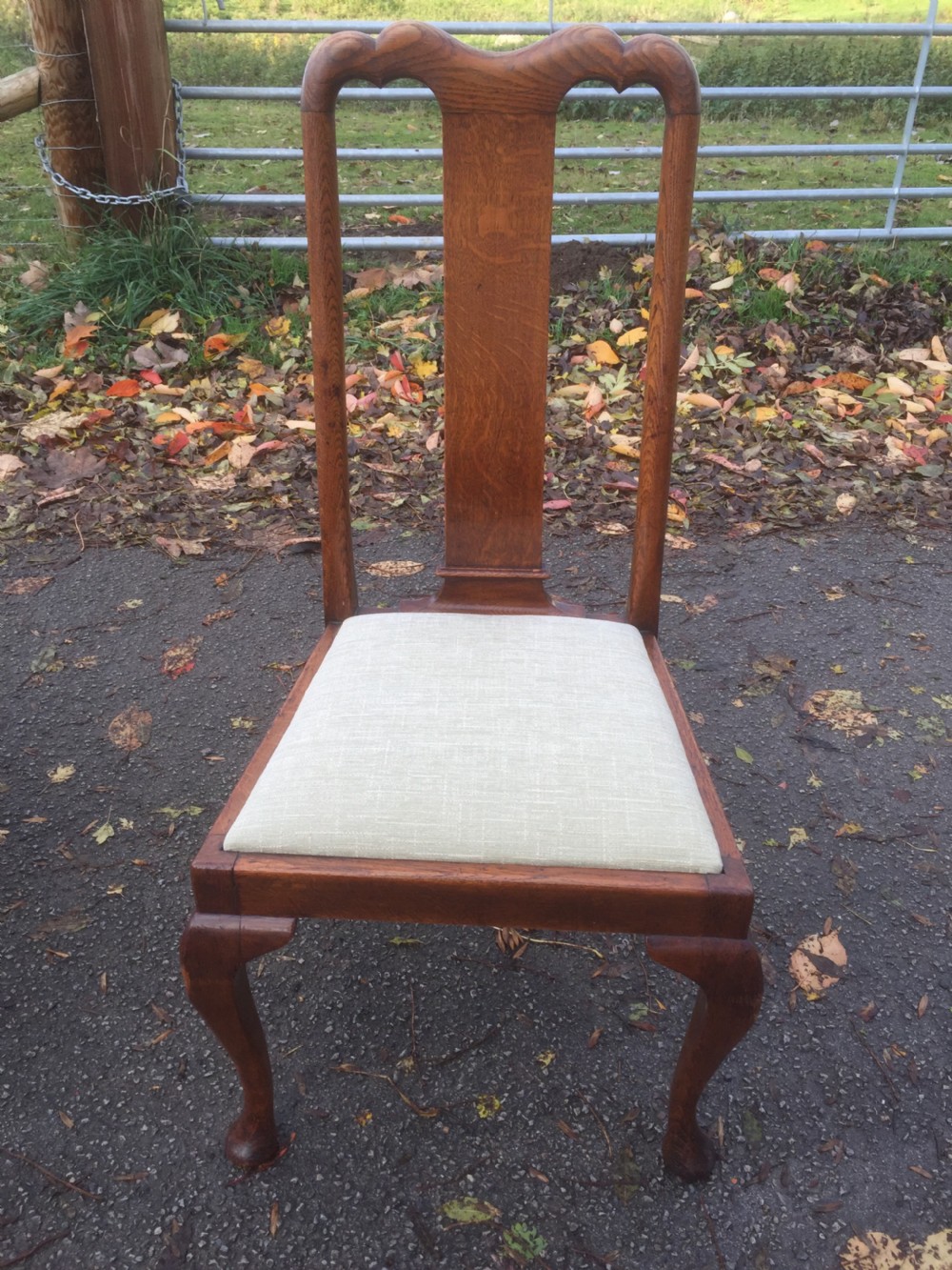 Eight Edwardian solid oak Queen Anne style dining chairs  View XV