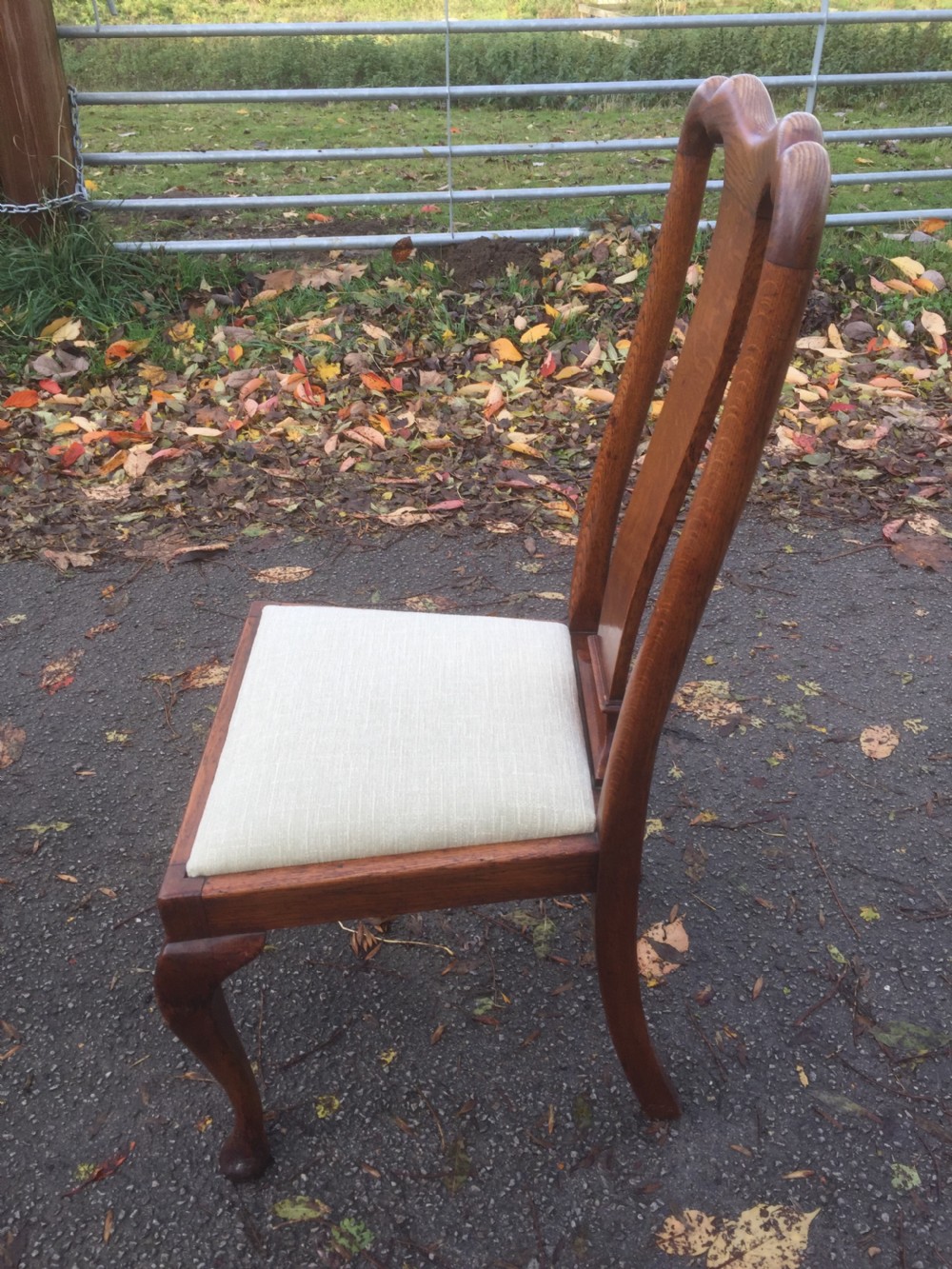 Eight Edwardian solid oak Queen Anne style dining chairs  View XVI