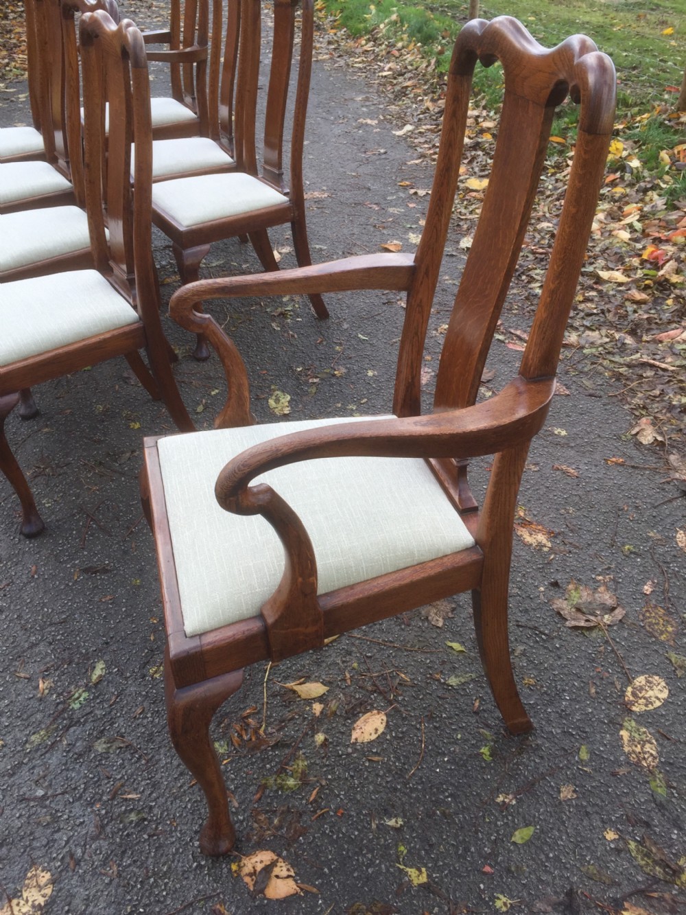 Eight Edwardian solid oak Queen Anne style dining chairs  View XX