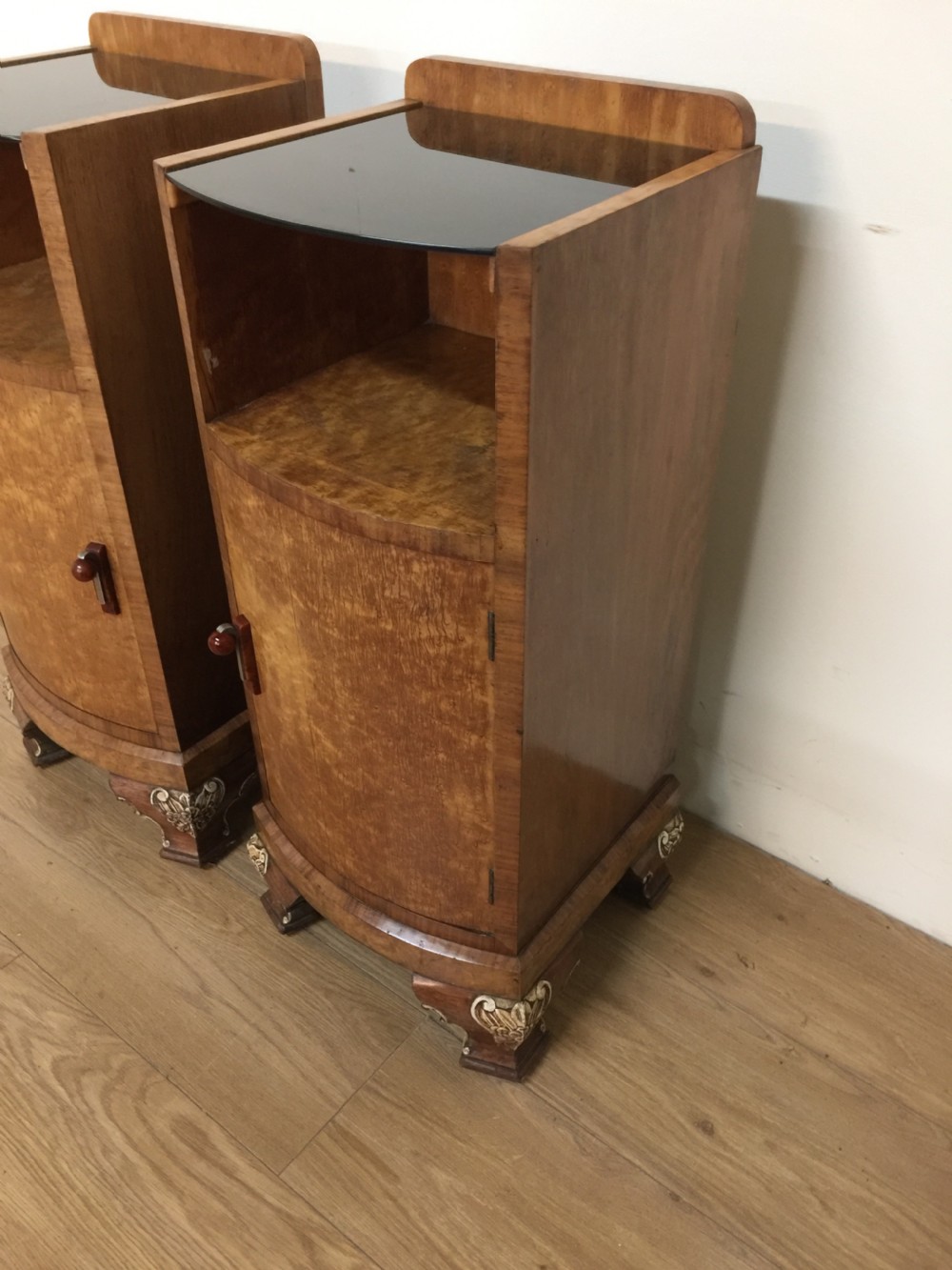 Pair of walnut Art Deco bedside cabinets circa 1920 View III