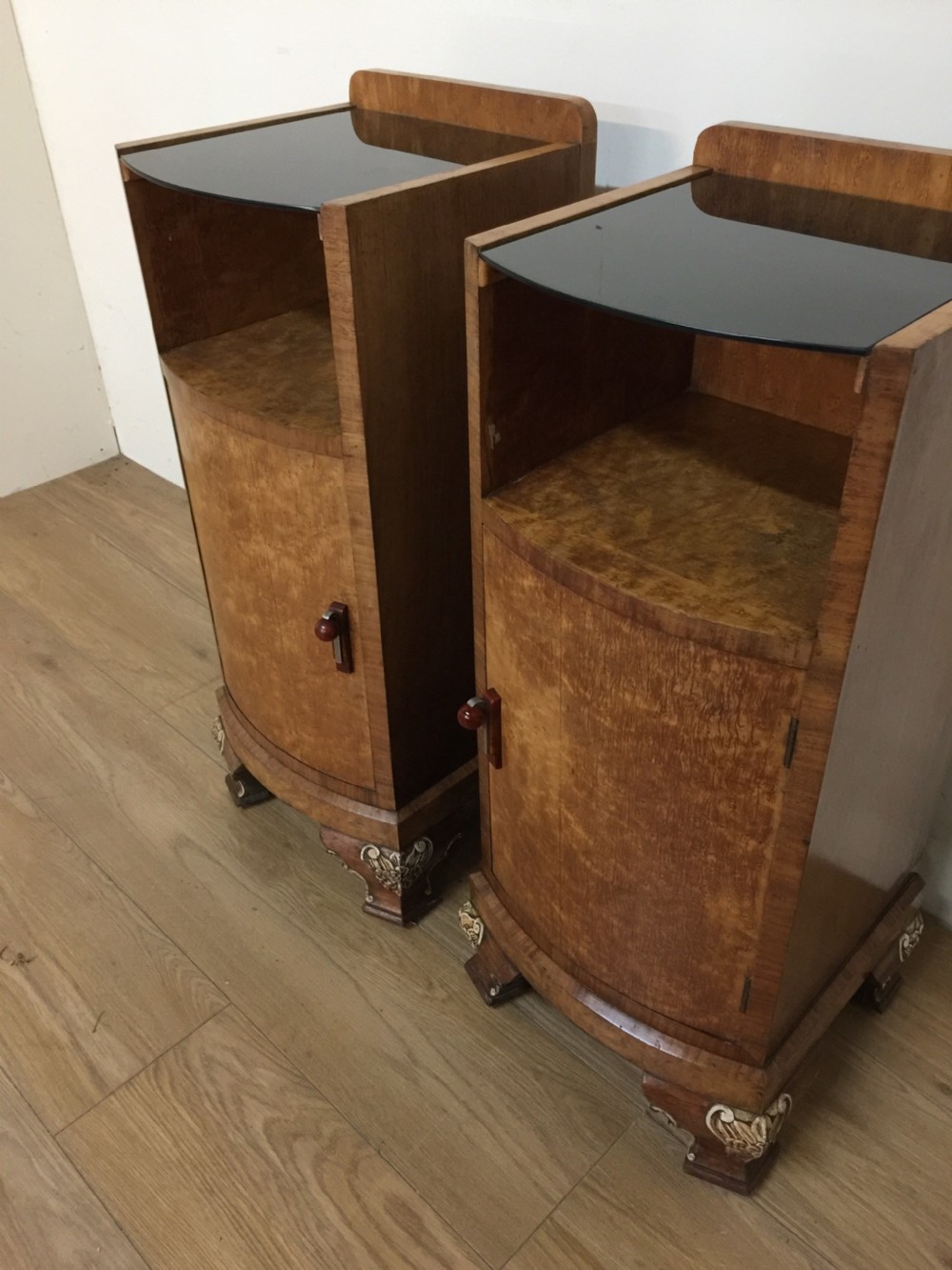 Pair of walnut Art Deco bedside cabinets circa 1920 View IV
