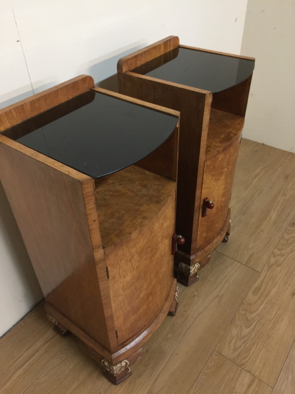 Pair of walnut Art Deco bedside cabinets circa 1920 View X