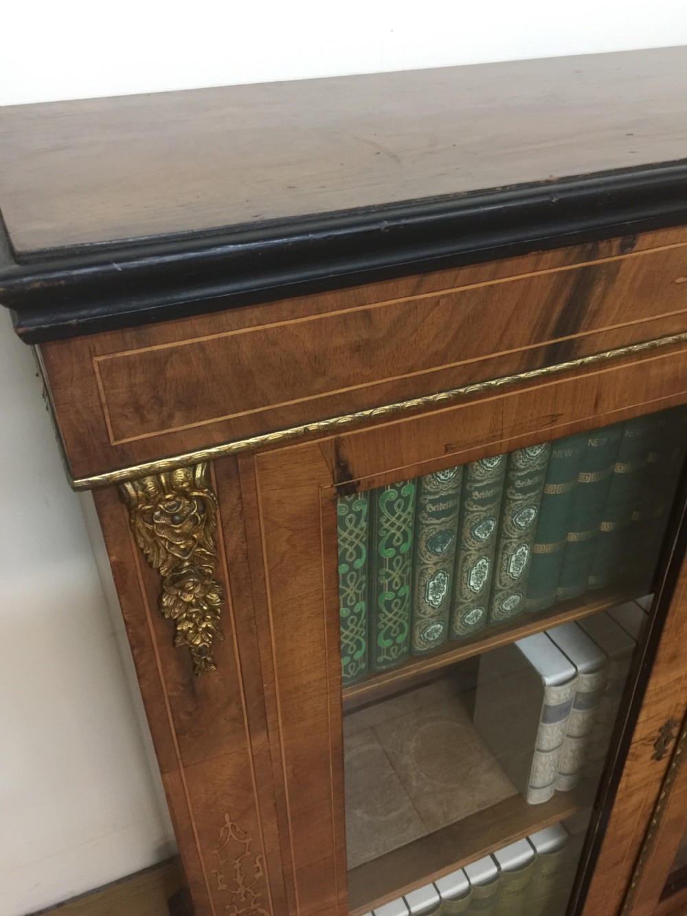 Nineteenth century walnut inlaid ormolu mounted pier cabinet  View II
