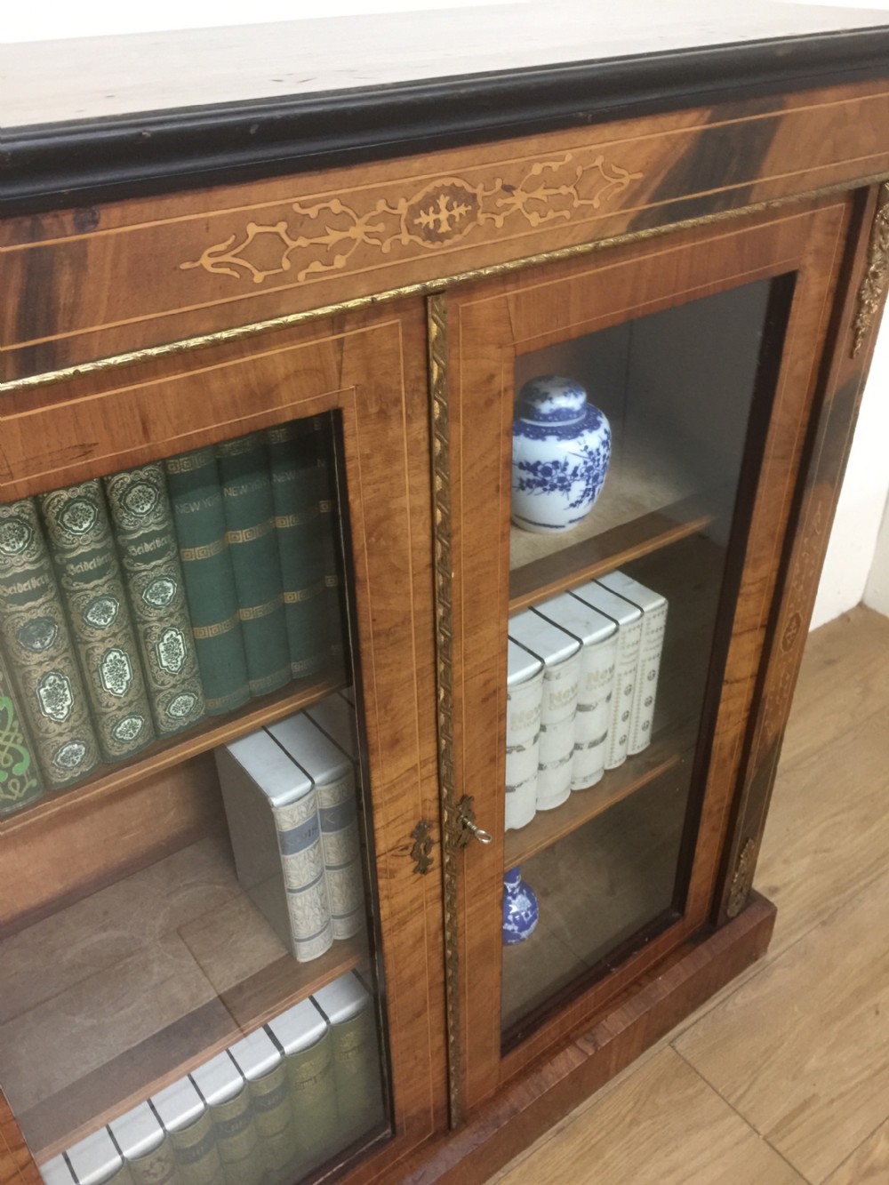 Nineteenth century walnut inlaid ormolu mounted pier cabinet  View IV