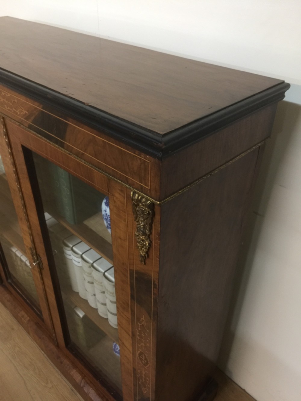 Nineteenth century walnut inlaid ormolu mounted pier cabinet  View V