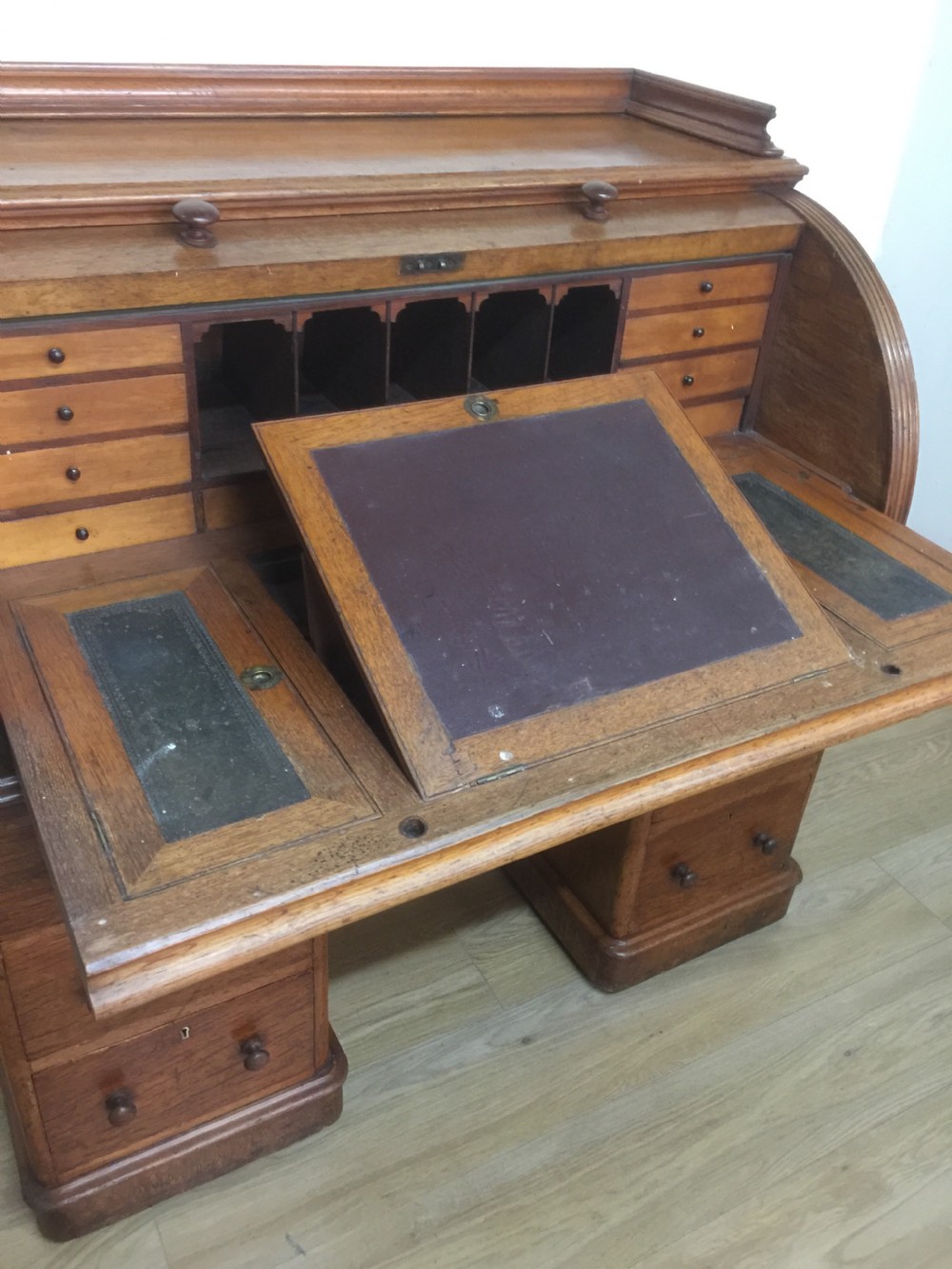 Nineteenth century golden oak cylinder desk by Carter of London View V