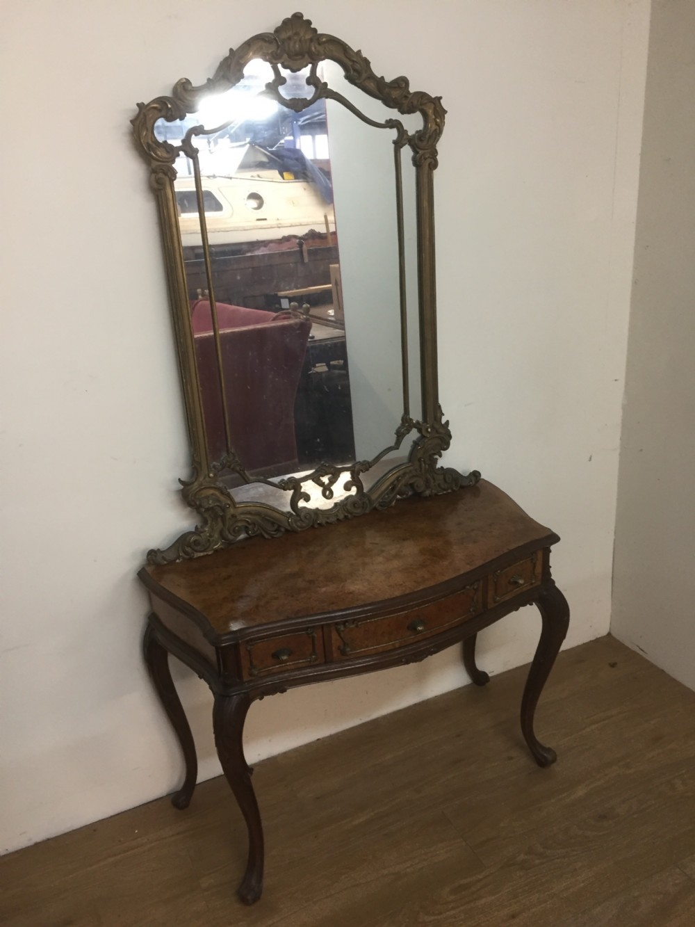 Burr walnut console table with gilded mirror  View II