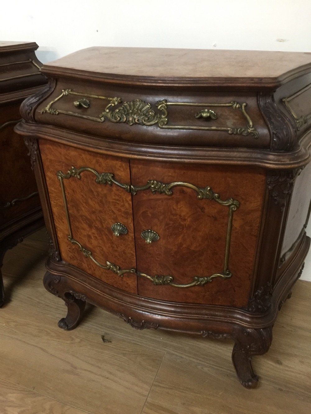 Pair of burr walnut bombe cabinets circa 1920 View II