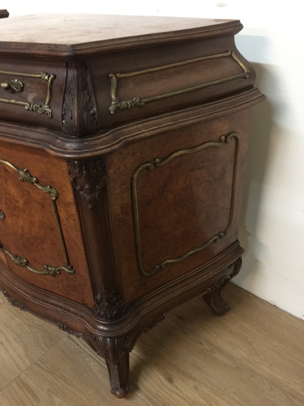 Pair of burr walnut bombe cabinets circa 1920 View III