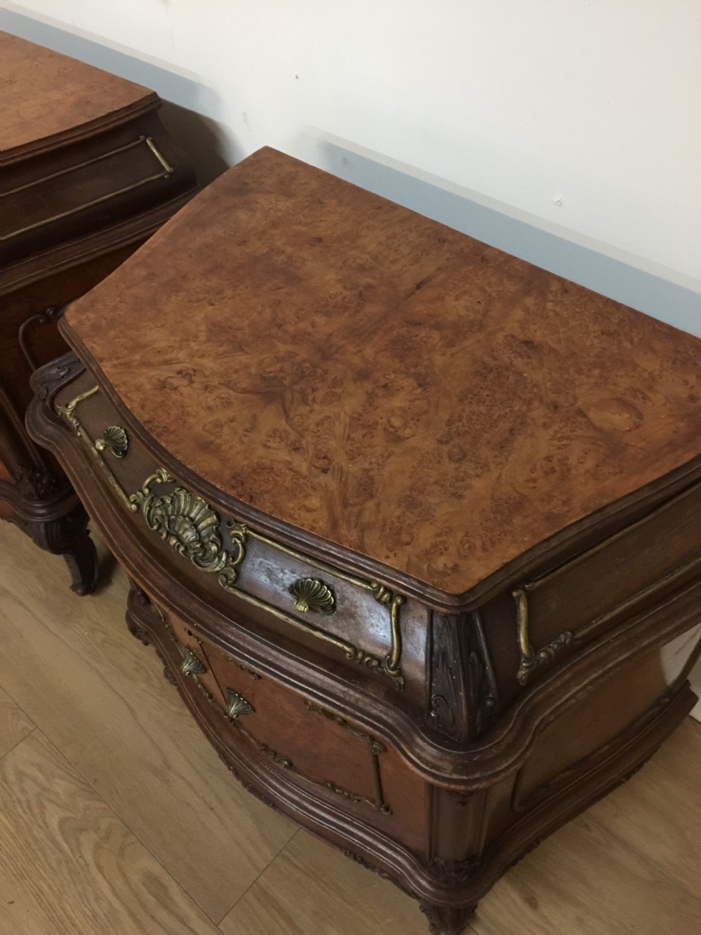Pair of burr walnut bombe cabinets circa 1920 View IV