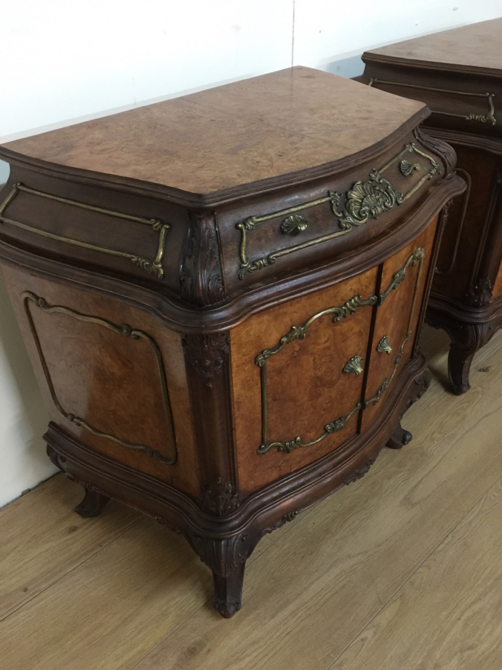 Pair of burr walnut bombe cabinets circa 1920 View VI
