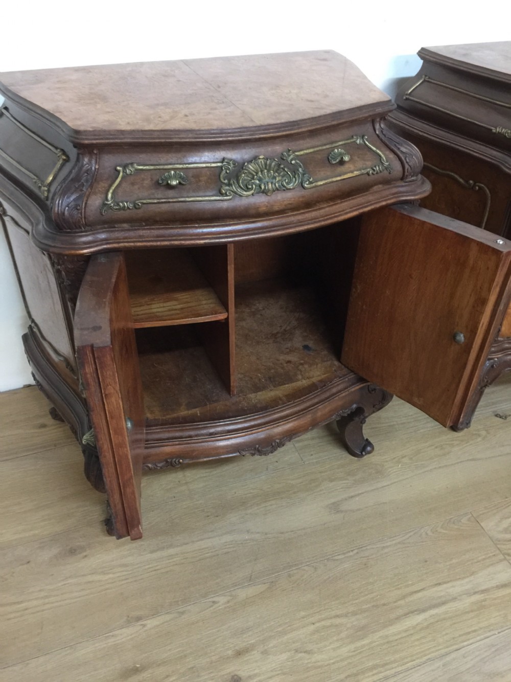Pair of burr walnut bombe cabinets circa 1920 View VII