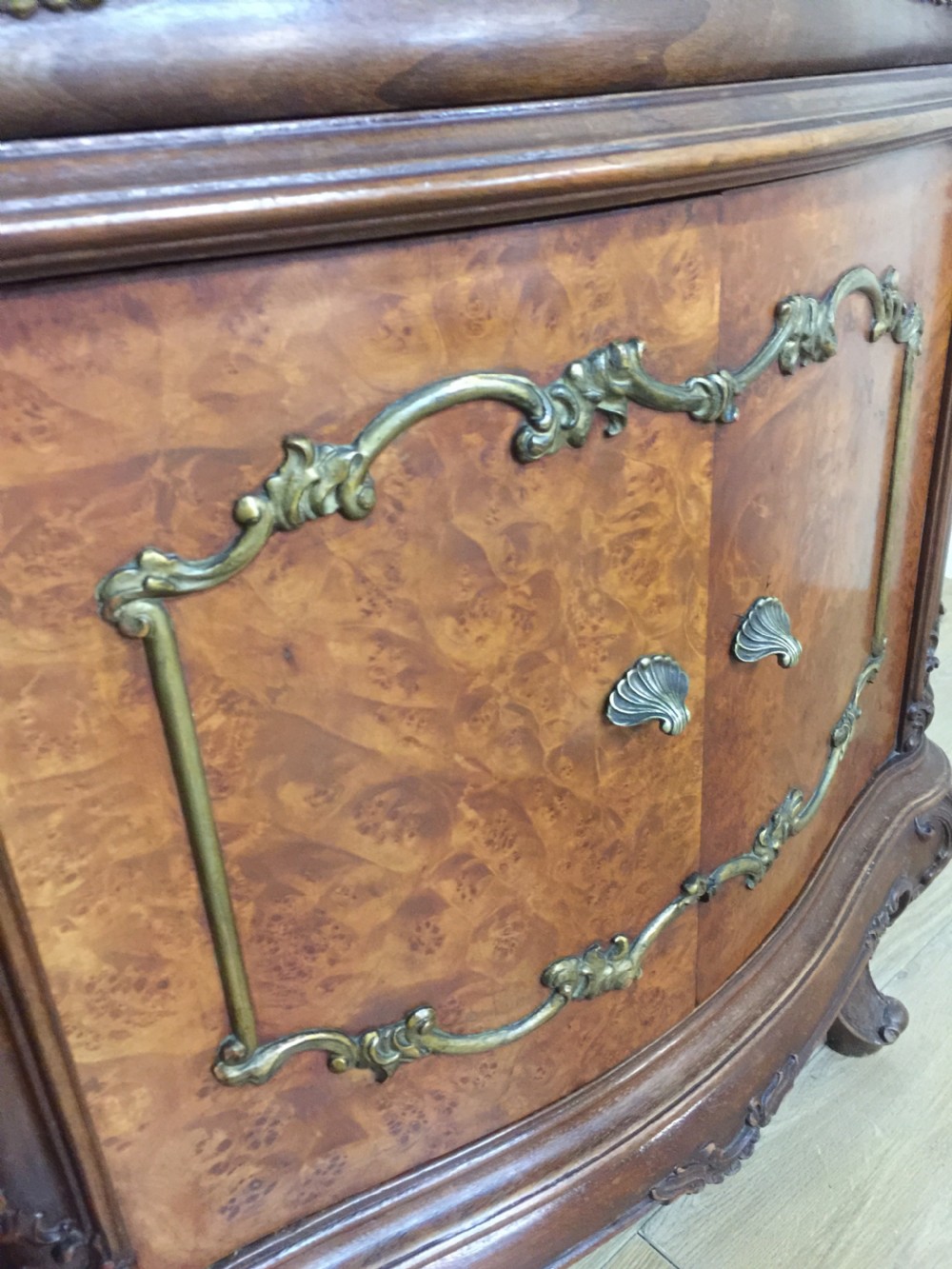 Pair of burr walnut bombe cabinets circa 1920 View IX