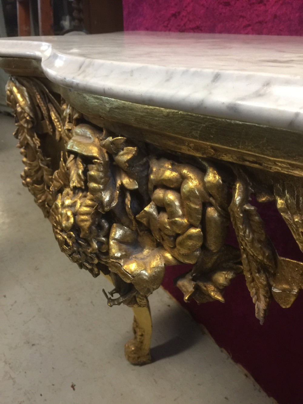 Nineteenth century gilded console table with white Carrara Marble top View VII