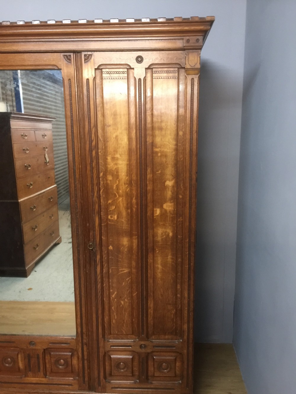 Nineteenth century golden oak triple wardrobe circa 1880 View II