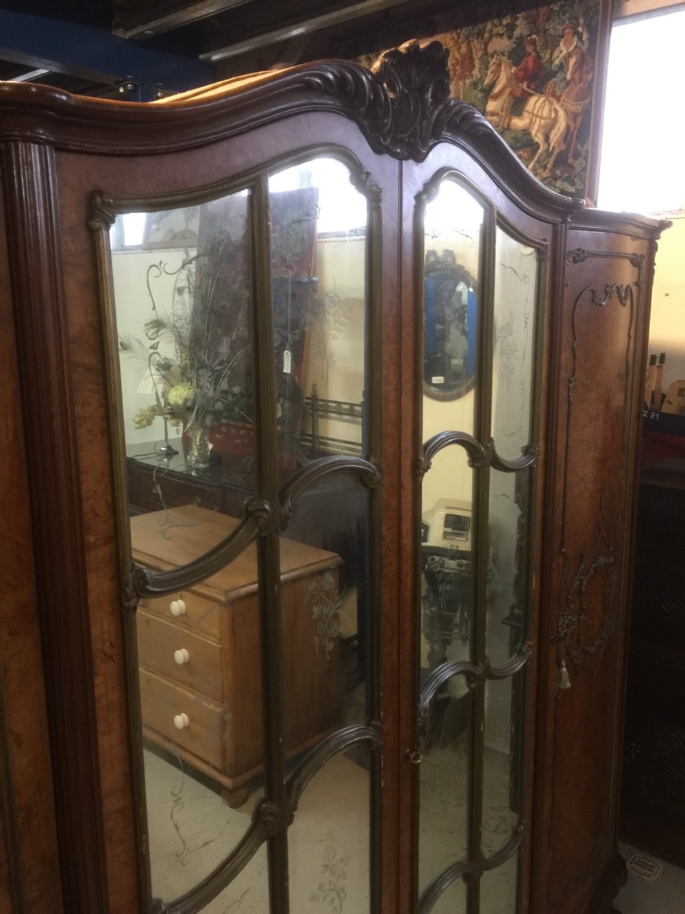 Four door burr walnut wardrobe with gilded carving circa 1920 View V