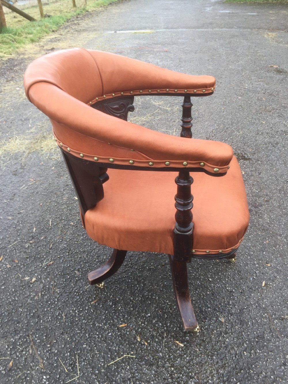 Nineteenth century swivel desk chair in tan hide  View III