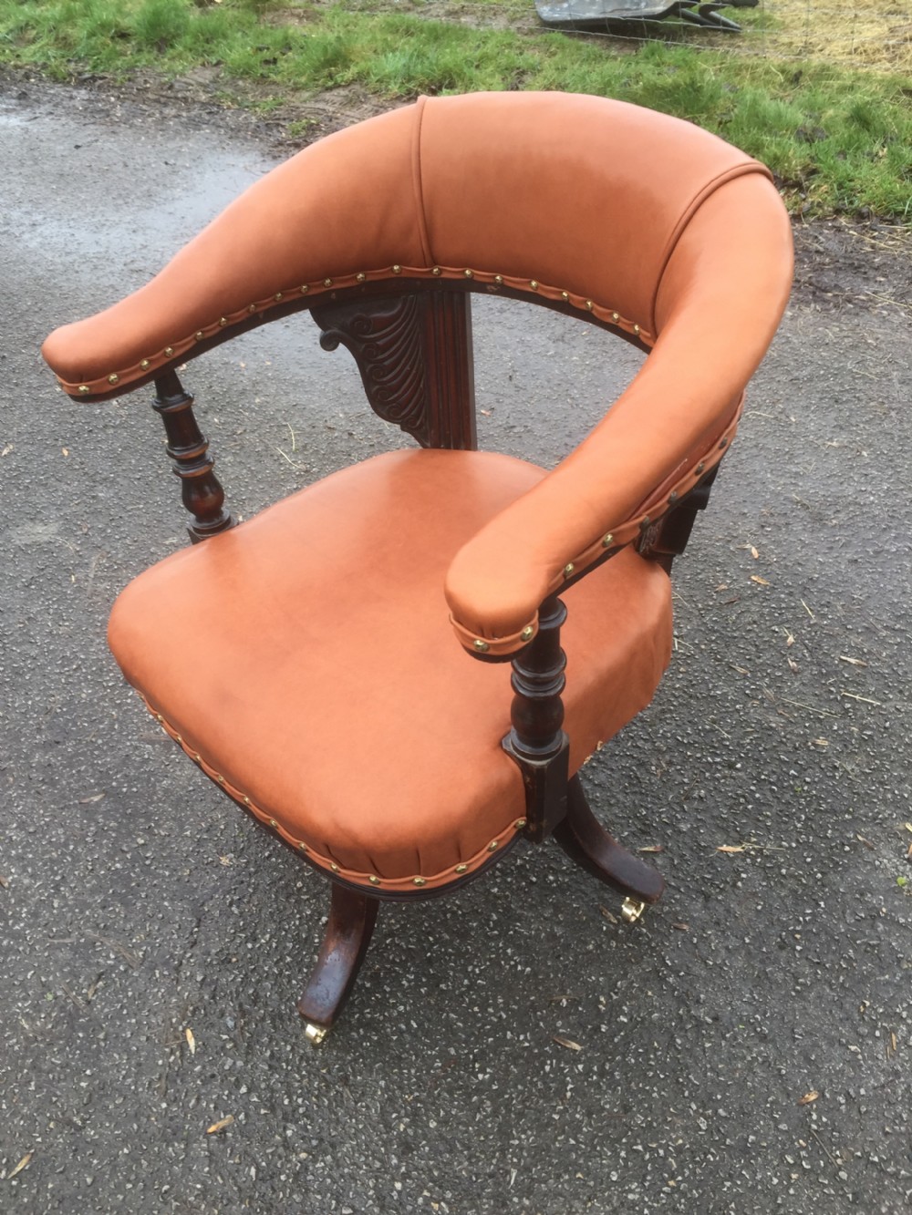Nineteenth century swivel desk chair in tan hide  View VI